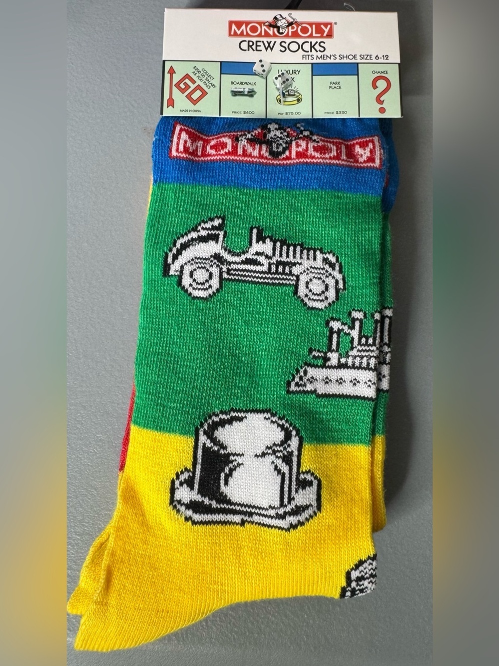 Monopoly board game Crew Socks — Green, Yellow & Blue game pieces unisex